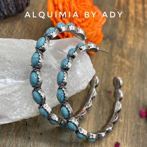 Turquoise and silver southwest western silver large hoops statement earrings - Picture 1 of 4